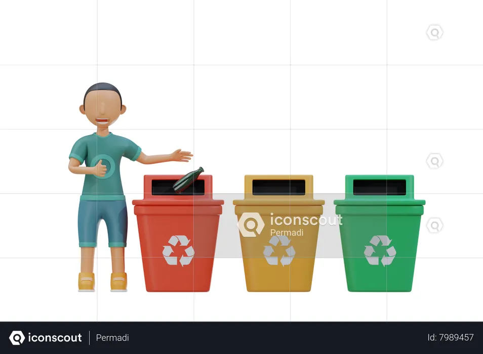 Little kid throw glass waste to recycle bin  3D Illustration