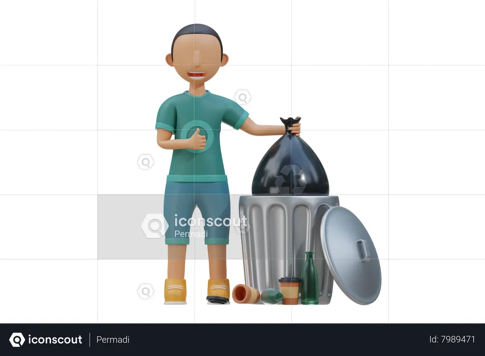 Little kid throw trash to trash bin  3D Illustration