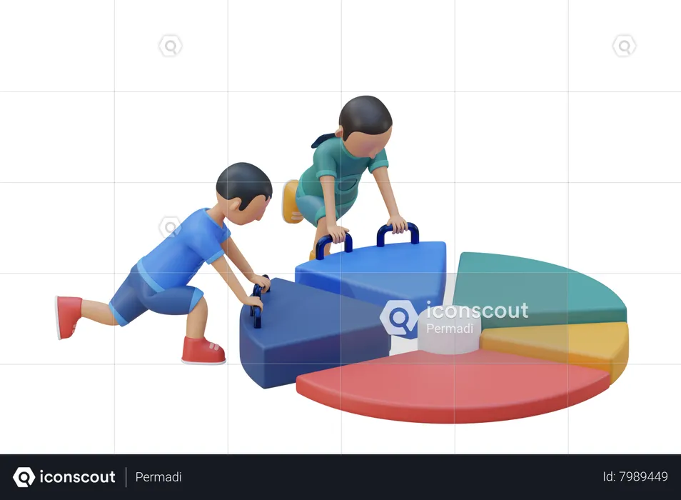 Little kids playing with pie chart toy  3D Illustration