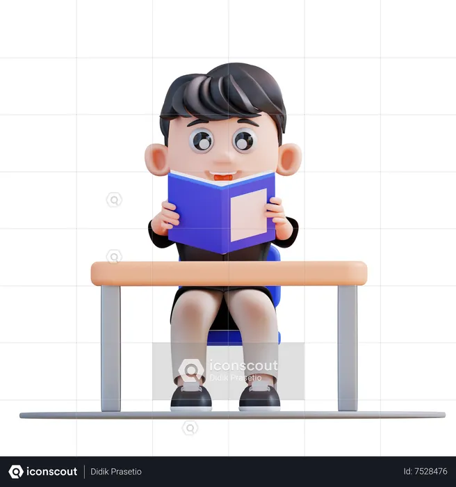 Menino de escola lendo livro  3D Illustration