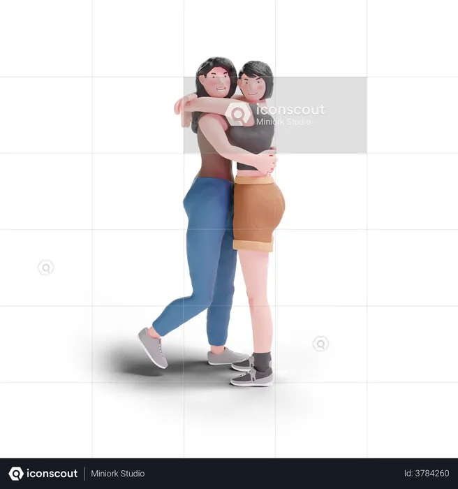 Long haired and short hair girl hugging  3D Illustration