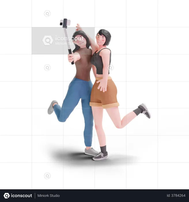 Long haired and short hair girl selfie with selfie stick  3D Illustration