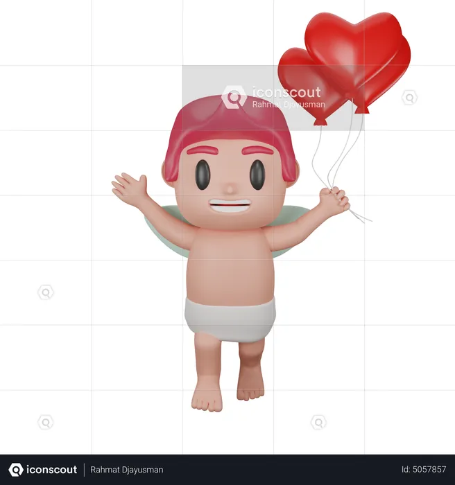 Lovely cupid holding balloon  3D Illustration