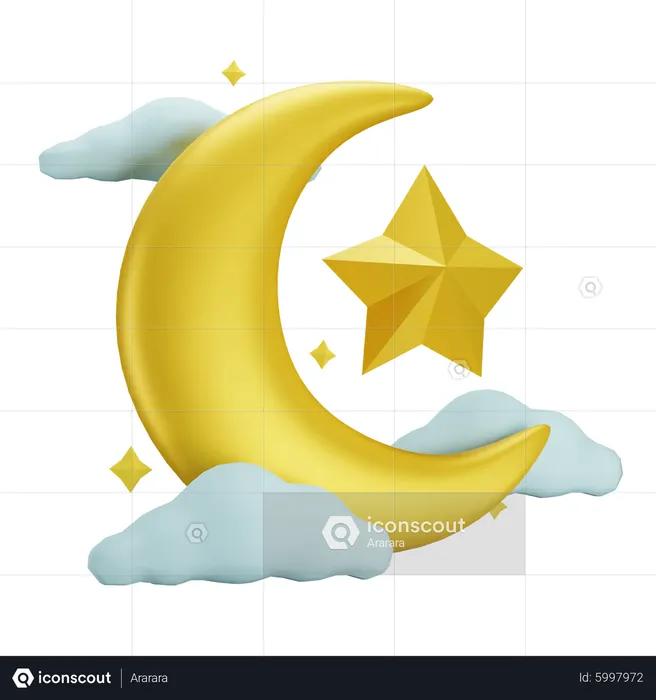Lua Crescente com Estrela e Nuvem  3D Icon