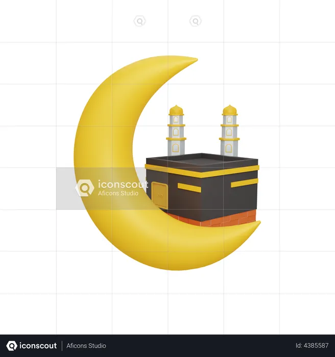 Luna creciente y Kaaba  3D Illustration