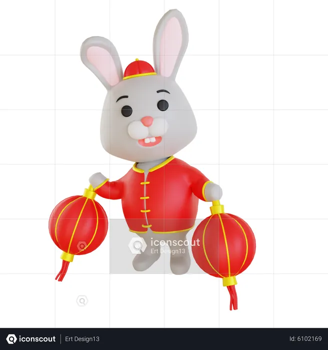 Lunar Rabbit Holding Lantern  3D Illustration