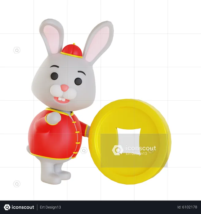 Lunar Rabbit Pushing Chinese Coin  3D Illustration