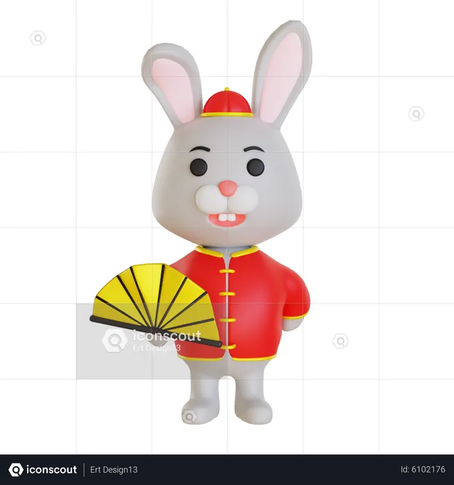 Lunar Rabbit Using Hand Fan  3D Illustration