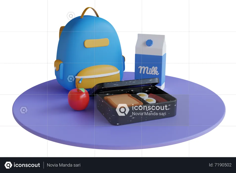 Lunch box and bag with delicious food  3D Illustration