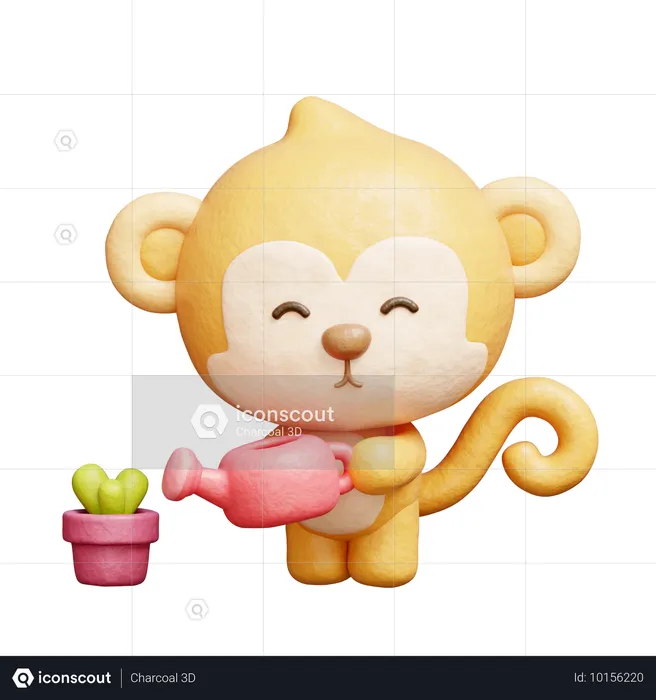 Macaco fofo regando planta  3D Icon