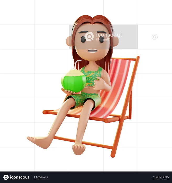 Mädchen entspannt sich am Strand und trinkt Kokoswasser  3D Illustration