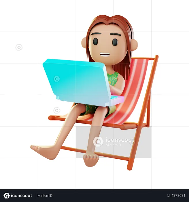 Mädchen entspannt sich am Strand und arbeitet am Laptop  3D Illustration