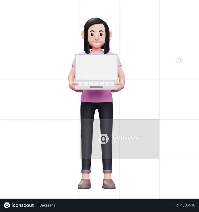 Mädchen hält Laptop mit beiden Händen  3D Illustration