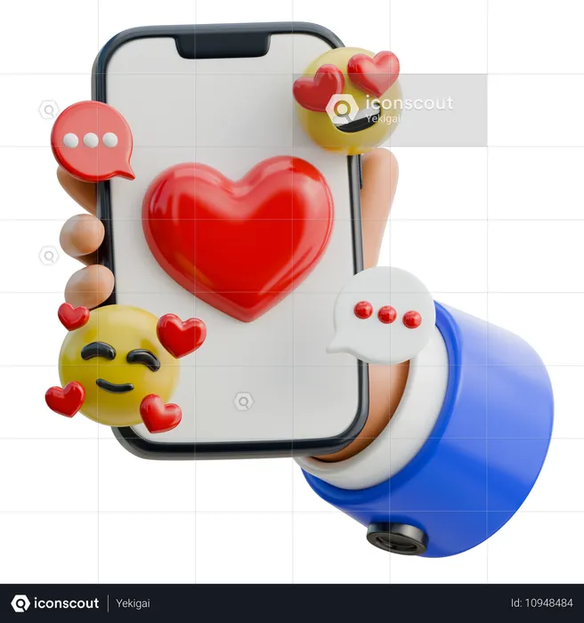 Main tenant un smartphone avec des réactions emoji d'amour  3D Icon