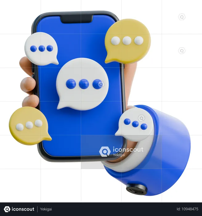 Main tenant un smartphone entouré de bulles de discussion  3D Icon