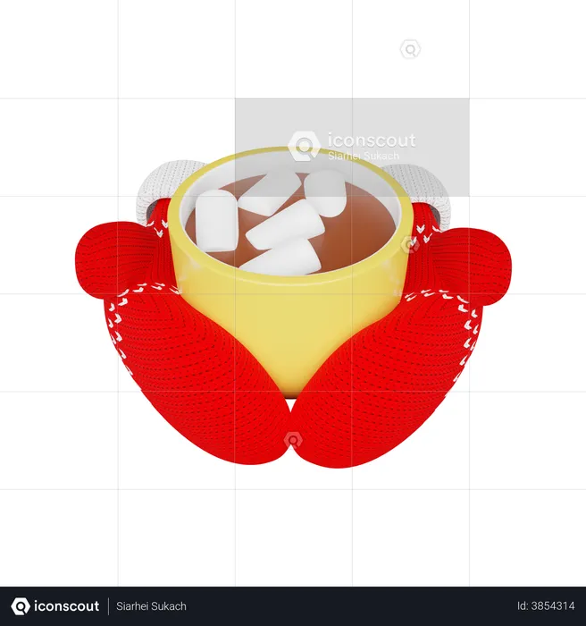 Mains portant des mitaines tricotées tenant une tasse de cacao avec des guimauves  3D Illustration