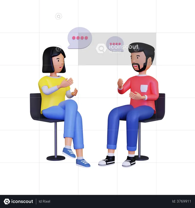 Male and female character are having a conversation while sitting on a chair  3D Illustration