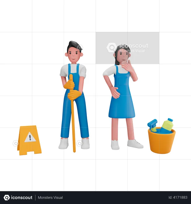 Male and female cleaning workers  3D Illustration