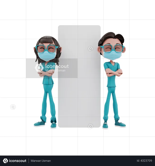 Male and female nurse standing near blank board  3D Illustration