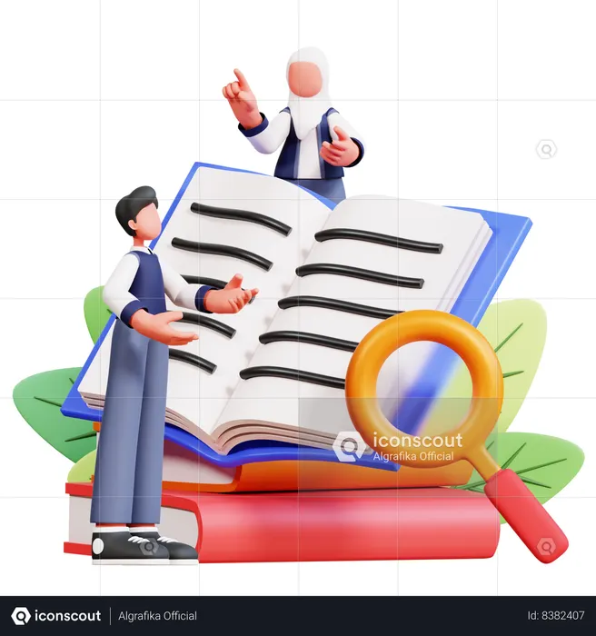 Male And Female Student Doing Book Research  3D Icon