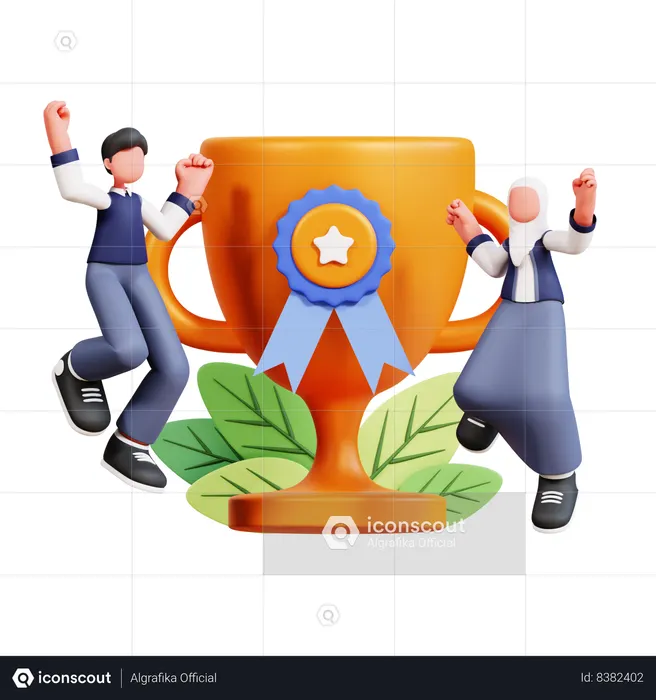Male And Female Student Getting Trophy Cup  3D Icon
