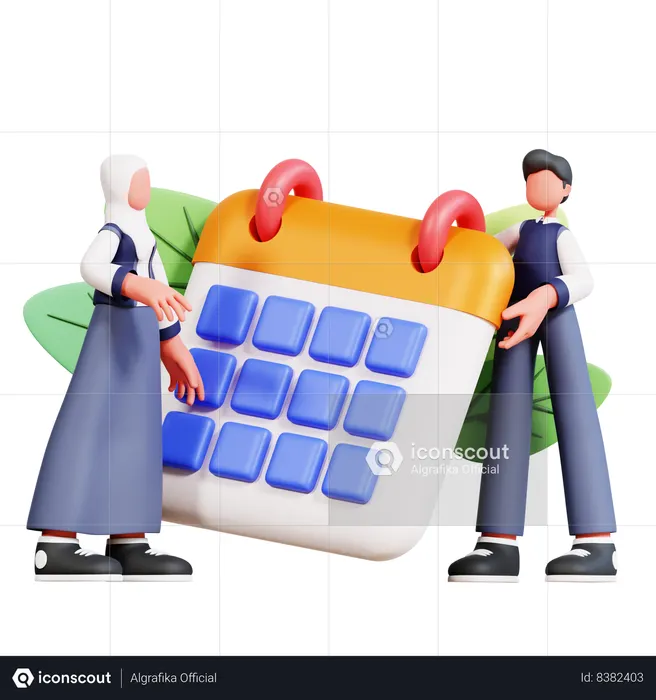 Male And Female Student Standing With Academic Calendar  3D Icon