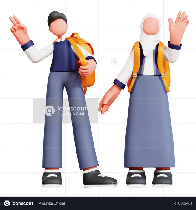 Male And Female Student Standing With School Bag While Waving Hand  3D Icon