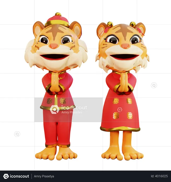 Male and female tiger greeting  3D Illustration