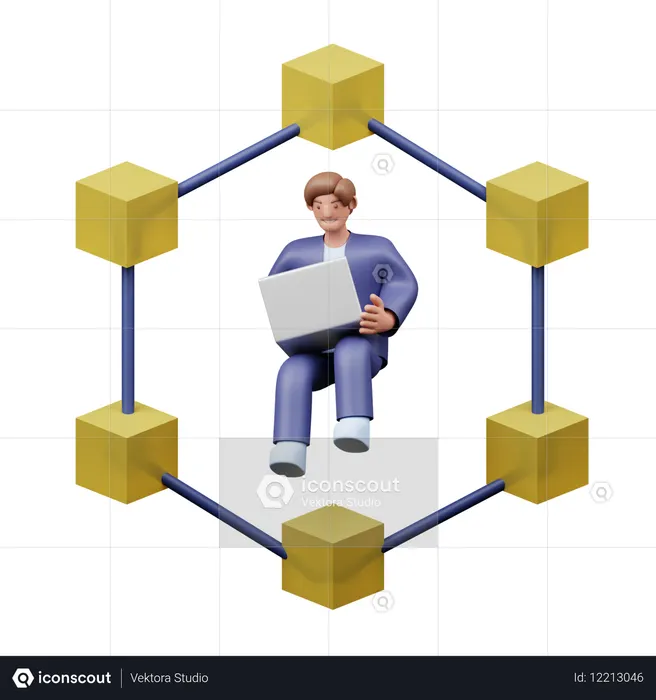 Male Bitcoin Developer Working On Blockchain Network On Laptop  3D Icon
