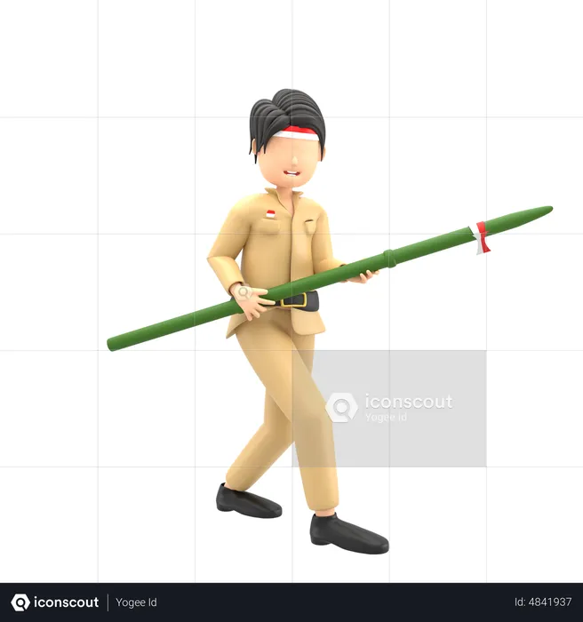 Male celebrating Indonesian independence with bamboo  3D Illustration