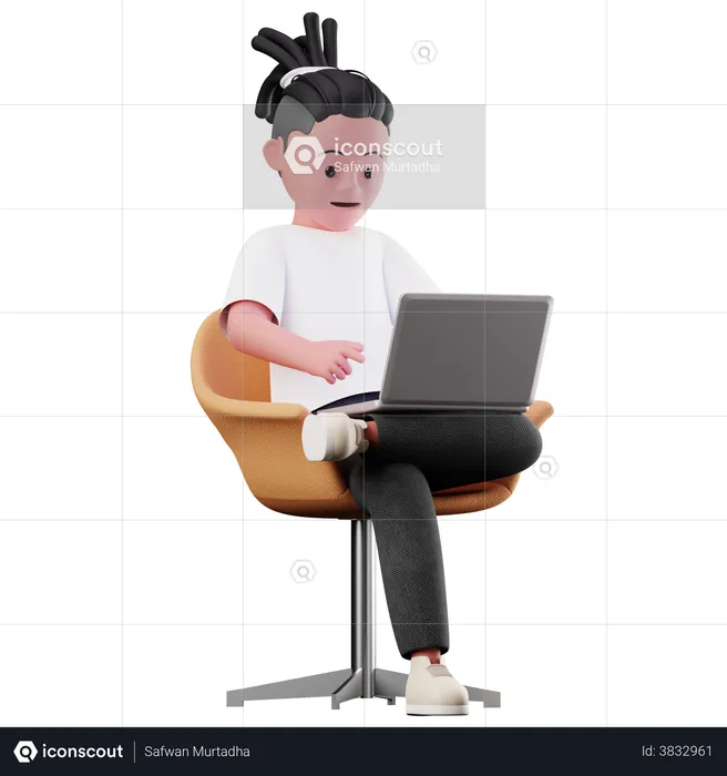 Male Character Sitting and Using Laptop  3D Illustration