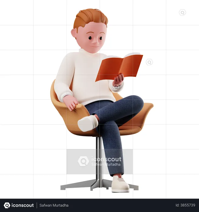 Male Character Sitting On Chair And Reading A Book  3D Illustration