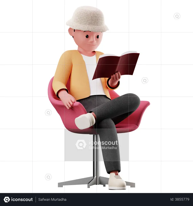 Male Character Sitting On Chair And Reading A Book  3D Illustration