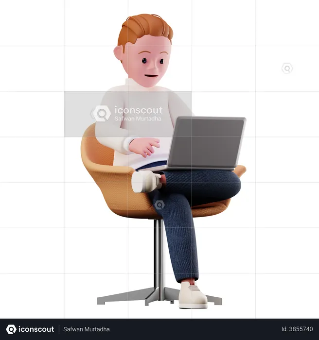 Male Character Sitting on chair And Using Laptop  3D Illustration