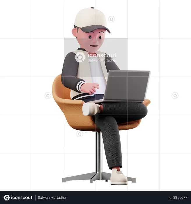 Male Character Sitting on chair And Using Laptop  3D Illustration