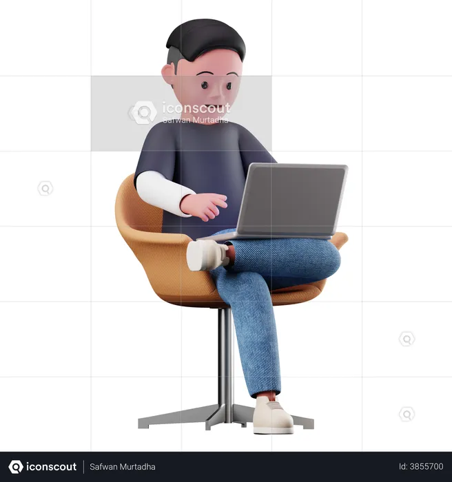 Male Character Sitting on chair And Using Laptop  3D Illustration