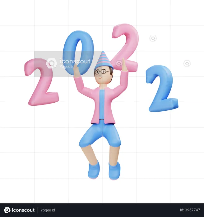 Male character with 2022 balloons  3D Illustration
