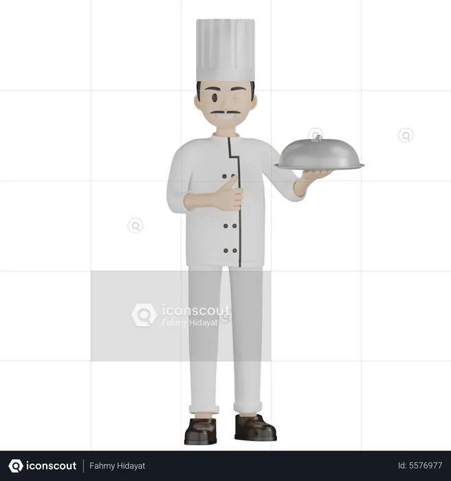 Male Chef Giving Thumbs Up While Holding Cloche  3D Illustration