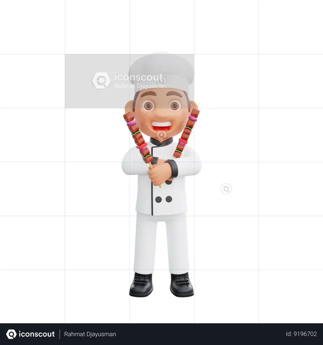 Male Chef holding barbecue stick  3D Icon