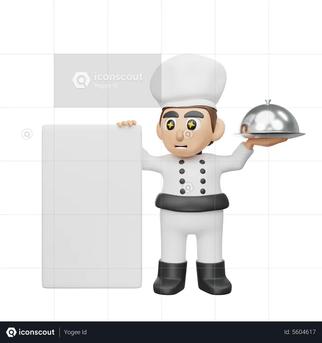 Male Chef Holding Board While Holding Cloche  3D Illustration