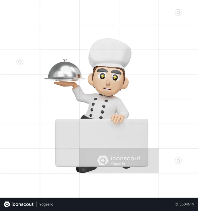 Male Chef Holding Board While Holding Cloche  3D Illustration