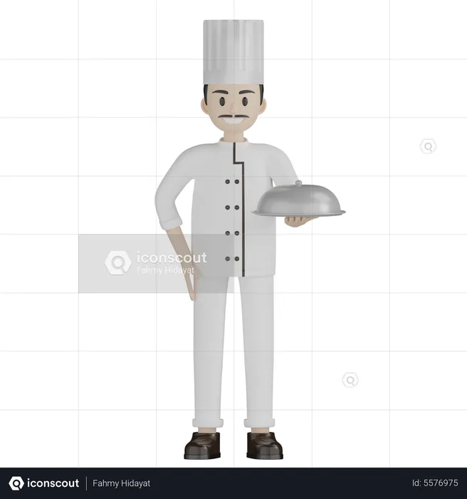 Male Chef Holding Cloche  3D Illustration
