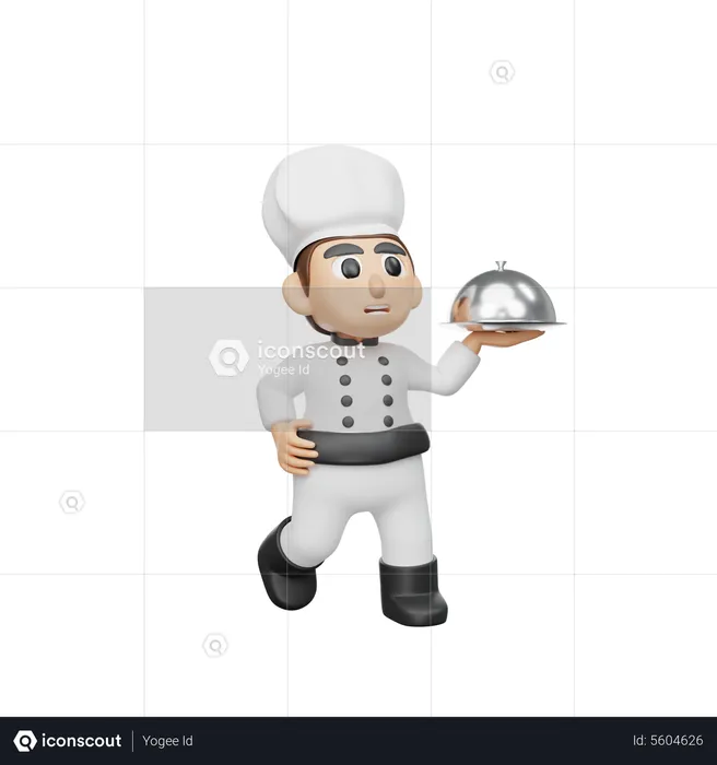 Male Chef Holding Cloche  3D Illustration