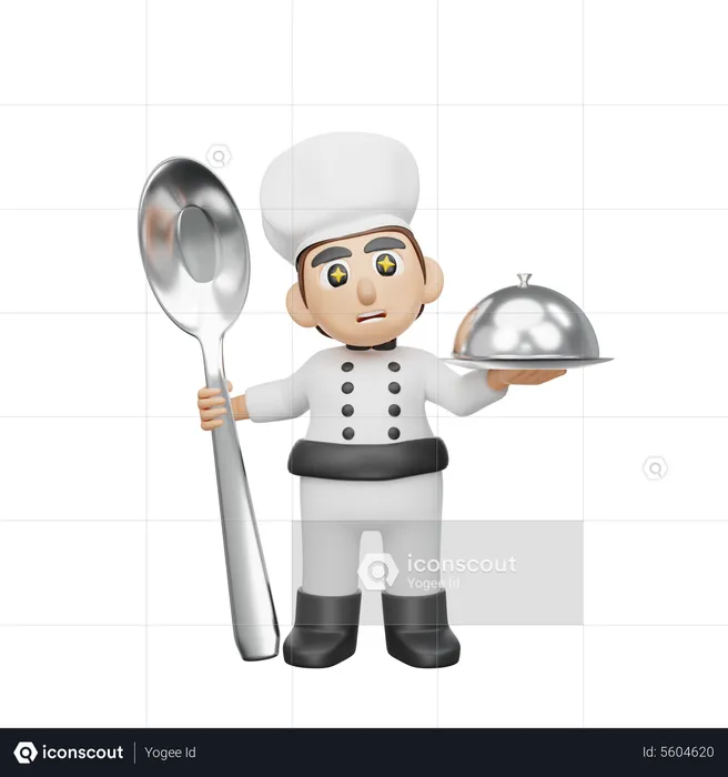 Male Chef Holding Cloche And Spoon  3D Illustration