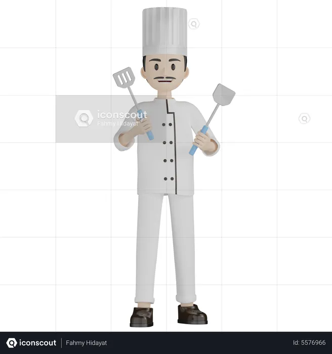 Male Chef Holding Cooking Tools  3D Illustration
