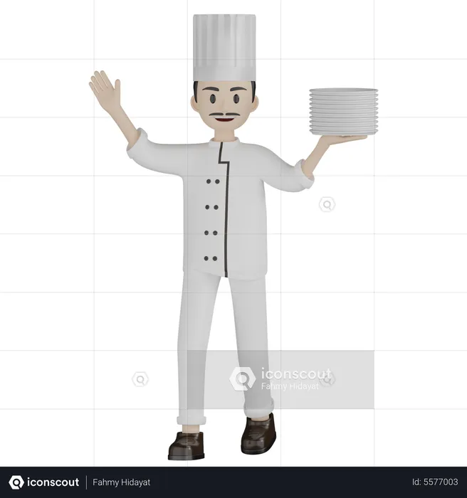 Male Chef Holding Plates  3D Illustration