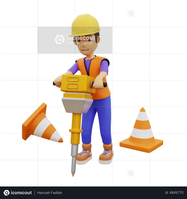 Male construction worker drilling with jack hammer  3D Illustration