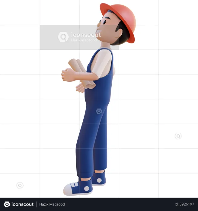 Male Construction worker holding building map  3D Illustration