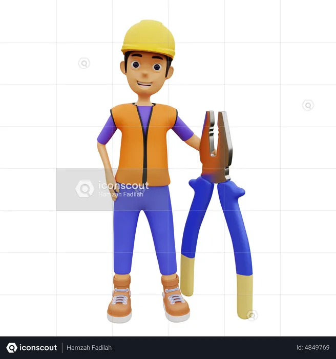 Male construction worker holding construction tool  3D Illustration