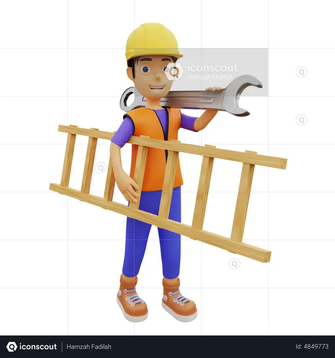 Male construction worker holding ladder and wrench  3D Illustration